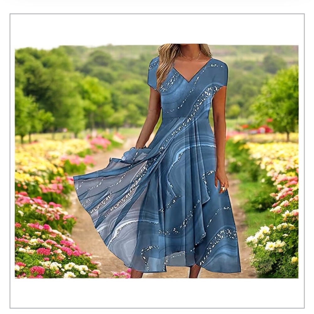 Beautiful Blue White Layered /Asymmetrical Hem -V-Neck Flowy Dress- NWOT- SzM ☀️ - Picture 3 of 9